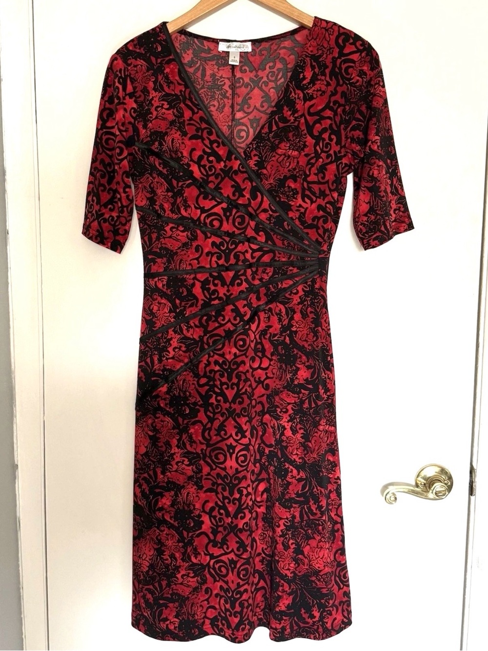 Dress Barn Red and Black Faux-Wrap Midi Dress
